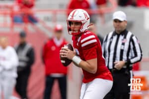 Nebraska quarterback Marcos Davila (16) drops back during Husker games Saturday, April 26, 2025 in Lincoln, Nebraska. Photo by John S. Peterson.