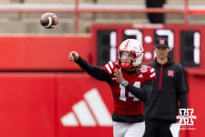 Nebraska quarterback TJ Lateef (14) throws a pass during Husker games Saturday, April 26, 2025 in Lincoln, Nebraska. Photo by John S. Peterson.