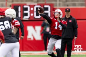 Nebraska quarterback TJ Lateef (14) throws a pass during Husker games Saturday, April 26, 2025 in Lincoln, Nebraska. Photo by John S. Peterson.