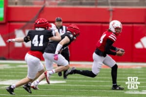 Nebraska quaterback TJ Lateef (14) runs with the ball during Husker games Saturday, April 26, 2025 in Lincoln, Nebraska. Photo by John S. Peterson.