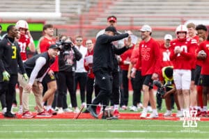 Nebraska head coach Matt Rhule calls a timeout to ice Brett Maher to help Tristan Alvano in the kicking contest during Husker games Saturday, April 26, 2025 in Lincoln, Nebraska. Photo by John S. Peterson.