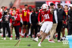 Nebraska place kicker Nico Ottomanelli making a kick during Husker games Saturday, April 26, 2025 in Lincoln, Nebraska. Photo by John S. Peterson.