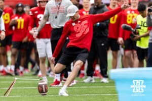 Former Nebraska place kicker Brett Maher making a kick during Husker games Saturday, April 26, 2025 in Lincoln, Nebraska. Photo by John S. Peterson.