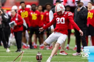 Nebraska place kicker Tristan Alvano making a kick during Husker games Saturday, April 26, 2025 in Lincoln, Nebraska. Photo by John S. Peterson.