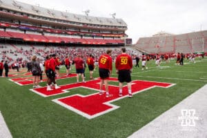 Nebraska player warming up for the scrimmage during Husker games Saturday, April 26, 2025 in Lincoln, Nebraska. Photo by John S. Peterson.