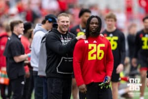 Nebraska linebackers coach Rob Dvoracek and linebacker Marques Watson-Trent during Husker games Saturday, April 26, 2025 in Lincoln, Nebraska. Photo by John S. Peterson.