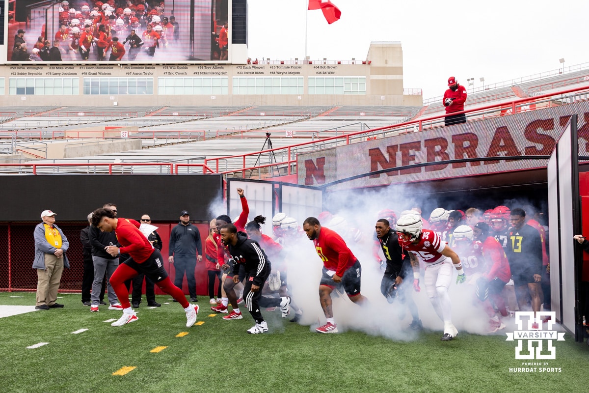 Huskers take the field during Husker games Saturday, April 26, 2025 in Lincoln, Nebraska. Photo by John S. Peterson.