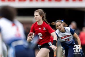 Nebraska player runs with the ball against Midland during Husker games Saturday, April 26, 2025 in Lincoln, Nebraska. Photo by John S. Peterson.