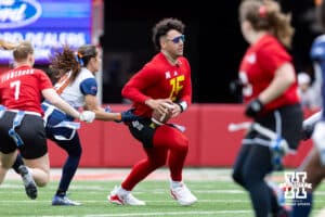 Nebraska quarterback Dylan Raiola tackled by Midland during Husker games Saturday, April 26, 2025 in Lincoln, Nebraska. Photo by John S. Peterson.