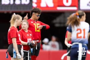 Nebraska quarterback Dylan Raiola checks his wrist for the play against Midland during Husker games Saturday, April 26, 2025 in Lincoln, Nebraska. Photo by John S. Peterson.
