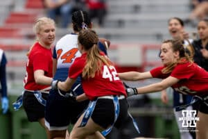 Nebraska players make a tackle against Midland during Husker games Saturday, April 26, 2025 in Lincoln, Nebraska. Photo by John S. Peterson.
