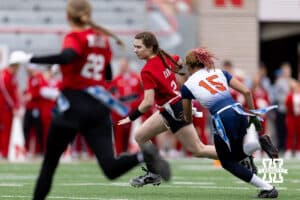 Nebraska quarterback runs with the ball against Midland during Husker games Saturday, April 26, 2025 in Lincoln, Nebraska. Photo by John S. Peterson.