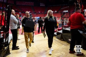 Nebraska Cornhusker head coach Dani Bussboom-Kelly heads to the lockerroom after the win over the Kansas Jayhawks during a college volleyball match Saturday, April 26, 2025 in Lincoln, Nebraska. Photo by John S. Peterson.