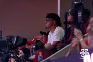 Nebraska quarterback Dylan Raiola taking in the match between the Huskers and the Jayhawks during a college volleyball match Saturday, April 26, 2025 in Lincoln, Nebraska. Photo by John S. Peterson.