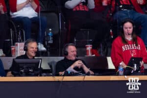 Former Nebraska head coach John Cook with Larry Putney working for Big Ten during a college volleyball match against the Kansas Jayhawk Saturday, April 26, 2025 in Lincoln, Nebraska. Photo by John S. Peterson.