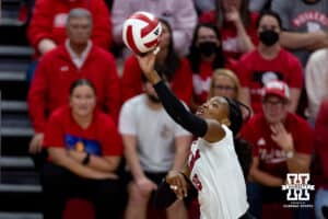 Nebraska Cornhusker Ryna Hunter (18) hits the ball against the Kansas Jayhawks during a college volleyball match Saturday, April 26, 2025 in Lincoln, Nebraska. Photo by John S. Peterson.