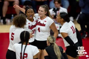 Nebraska Cornhuskers celebrates a point against the Kansas Jayhawk during a college volleyball match Saturday, April 26, 2025 in Lincoln, Nebraska. Photo by John S. Peterson.