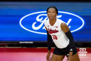 Nebraska Cornhusker Ryan Hunter (18) ready for the ball to be set for her against the Kansas Jayhawk during a college volleyball match Saturday, April 26, 2025 in Lincoln, Nebraska. Photo by John S. Peterson.