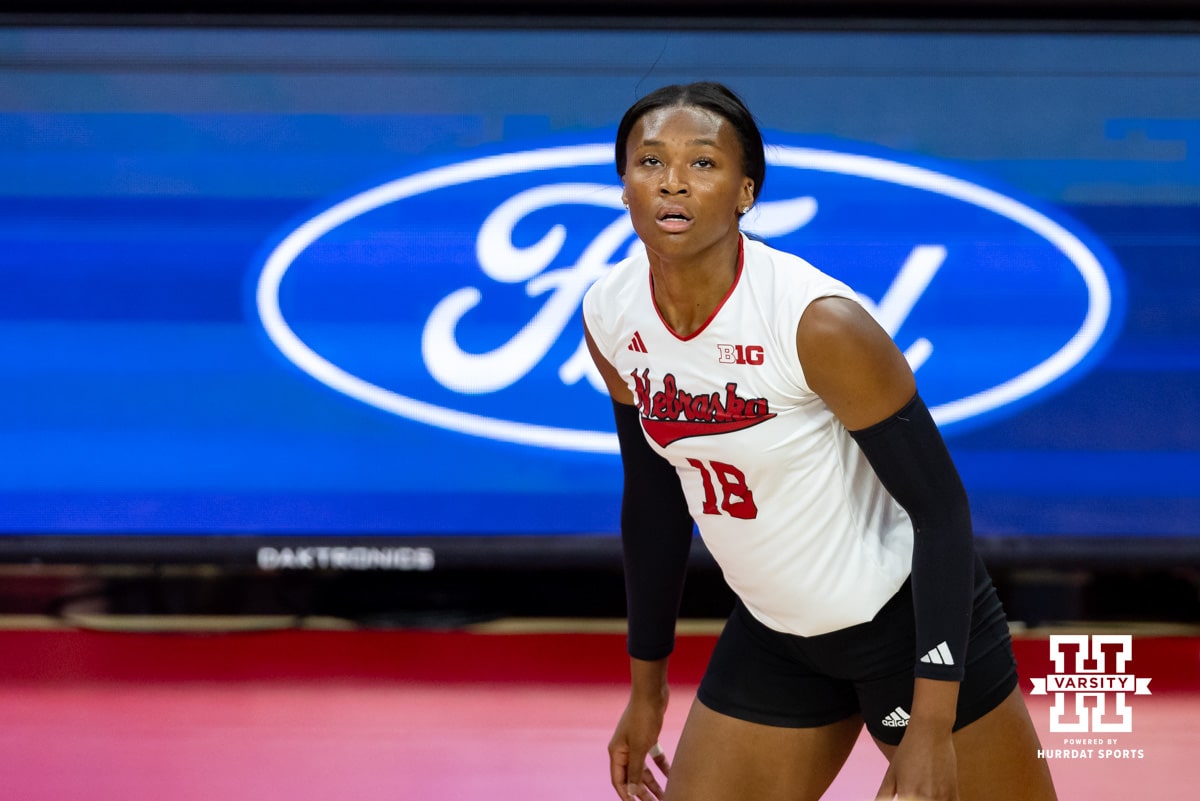 Nebraska Cornhusker Ryan Hunter (18) ready for the ball to be set for her against the Kansas Jayhawk during a college volleyball match Saturday, April 26, 2025 in Lincoln, Nebraska. Photo by John S. Peterson.
