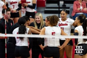 Nebraska Cornhusker head coach Dani Busboom-Kelly talks to her players at a breakc during a college volleyball match Saturday, April 26, 2025 in Lincoln, Nebraska. Photo by John S. Peterson.