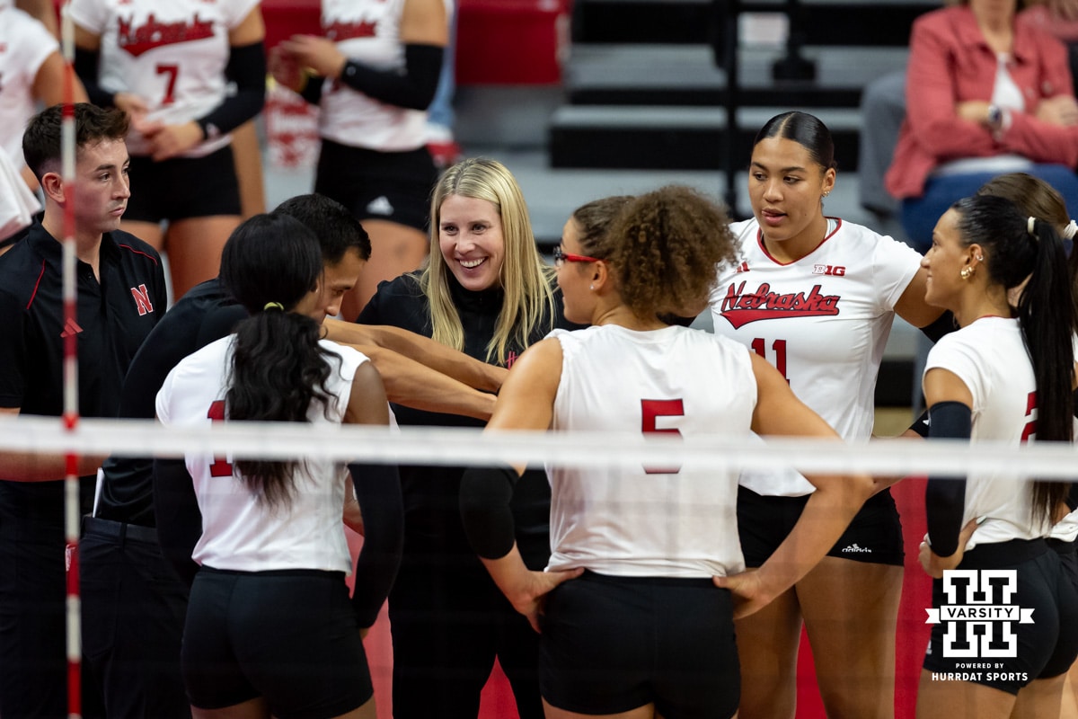 Nebraska Cornhusker head coach Dani Busboom-Kelly talks to her players at a breakc during a college volleyball match Saturday, April 26, 2025 in Lincoln, Nebraska. Photo by John S. Peterson.