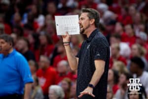 Kansas Jayhawk head coach Matt Elmer giving instructions to his players against the Nebraska Cornhuskers during a college volleyball match Saturday, April 26, 2025 in Lincoln, Nebraska. Photo by John S. Peterson.