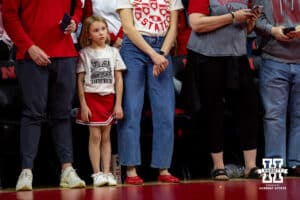 Nebraska Cornhusker fan watching warm-ups against the Kansas Jayhawk during a college volleyball match Saturday, April 26, 2025 in Lincoln, Nebraska. Photo by John S. Peterson.