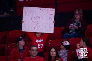 Nebraska Cornhusker fan holding up a sign for Harper Murray during a college volleyball match against the Kansas Jayhawk Saturday, April 26, 2025 in Lincoln, Nebraska. Photo by John S. Peterson.