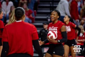 Nebraska Cornhusker Ryan Hunter (18) warming up for Kansas Jayhawks during a college volleyball match Saturday, April 26, 2025 in Lincoln, Nebraska. Photo by John S. Peterson.