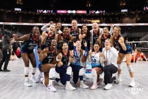 Omaha Supernovas pose for a photo after the five set win against the Columbus Fury during a college volleyball match Friday, April 25, 2025 in Omaha, Nebraska. Photo by John S. Peterson.