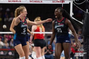 Omaha Supernovas Toyosi Onabanjo (21) celebrates a kill against the Columbus Fury during a college volleyball match Friday, April 25, 2025 in Omaha, Nebraska. Photo by John S. Peterson.