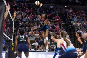 Omaha Supernovas Kelsie Payne (11) spikes the ball against the Columbus Fury during a college volleyball match Friday, April 25, 2025 in Omaha, Nebraska. Photo by John S. Peterson.
