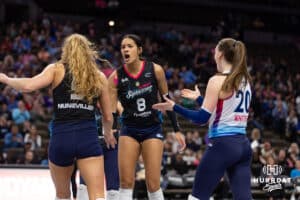 Omaha Supernovas Reagan Cooper (8) celebrates a point against the Columbus Fury during a college volleyball match Friday, April 25, 2025 in Omaha, Nebraska. Photo by John S. Peterson.