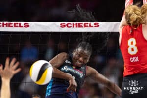 Omaha Supernovas Toyosi Onabanjo (21) spikes the ball against the Columbus Fury during a college volleyball match Friday, April 25, 2025 in Omaha, Nebraska. Photo by John S. Peterson.