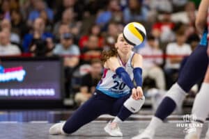 Omaha Supernovas Allison Whitten (20) digs the ball against the Columbus Fury during a professional volleyball match Friday, April 25, 2025 in Omaha, Nebraska. Photo by John S. Peterson.