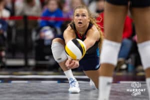Omaha Supernovas Brooke Nuneviller (5) digs the ball against the Columbus Fury during a professional volleyball match Friday, April 25, 2025 in Omaha, Nebraska. Photo by John S. Peterson.