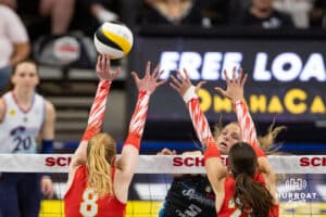 Omaha Supernovas Brooke Nuneviller (5) spikes the ball against the Columbus Fury during a professional volleyball match Friday, April 25, 2025 in Omaha, Nebraska. Photo by John S. Peterson.
