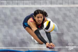 Omaha Supernovas Reagan Cooper (8) dives to dig the ball against the Columbus Fury during a professional volleyball match Friday, April 25, 2025 in Omaha, Nebraska. Photo by John S. Peterson.