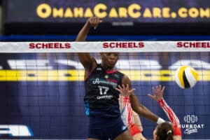 Omaha Supernovas Phoebe Awoleye (17) spikes the ball against the Columbus Fury during a college volleyball match Friday, April 25, 2025 in Omaha, Nebraska. Photo by John S. Peterson.