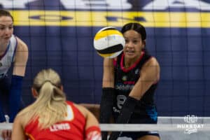 Omaha Supernovas Reagan Cooper (8) digs the ball against the Columbus Fury during a professional volleyball match Friday, April 25, 2025 in Omaha, Nebraska. Photo by John S. Peterson.