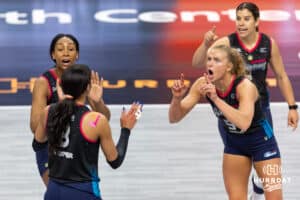 Omaha Supernovas celebrate a point against the Columbus Fury during a professional volleyball match Friday, April 25, 2025 in Omaha, Nebraska. Photo by John S. Peterson.