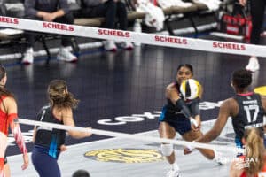 Omaha Supernovas Kelsie Payne (11) digs the ball against the Columbus Fury during a professional volleyball match Friday, April 25, 2025 in Omaha, Nebraska. Photo by John S. Peterson.