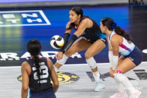 Omaha Supernovas Reagan Cooper (8) passes the ball against the Columbus Fury during a professional volleyball match Friday, April 25, 2025 in Omaha, Nebraska. Photo by John S. Peterson.