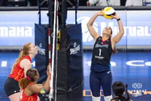 Omaha Supernovas Natalia Valentin-Anderson (1) sets the ball against the Columbus Fury during a professional volleyball match Friday, April 25, 2025 in Omaha, Nebraska. Photo by John S. Peterson.
