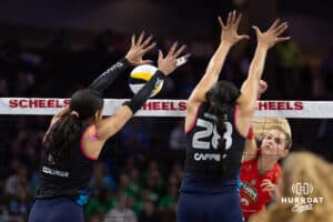 Omaha Supernovas Reagan Cooper (8) blocks a spike from the Columbus Fury in the first set during a professional volleyball match Friday, April 25, 2025 in Omaha, Nebraska. Photo by John S. Peterson.