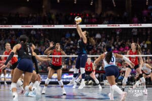 Omaha Supernovas Natalia Valentin-Anderson (1) sets the ball against the Columbus Fury in the first set during a professional volleyball match Friday, April 25, 2025 in Omaha, Nebraska. Photo by John S. Peterson.