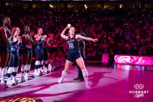Omaha Supernovas Lindsay Krause (22) throws a mini-volleyball out the fans against the Columbus Fury during a professional volleyball match Friday, April 25, 2025 in Omaha, Nebraska. Photo by John S. Peterson.