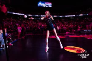 Omaha Supernovas Ally Batenhorst (14) tosses a mini-volleyball to a fan during a professional volleyball match against the Columbus Fury Friday, April 25, 2025 in Omaha, Nebraska. Photo by John S. Peterson.