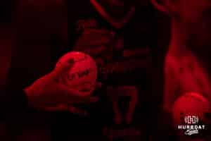 Omaha Supernovas Ally Batenhorst (14) has "Go Novas" on the mini-volleyball she is going to throw out to a fan during a professional volleyball match against the Columbus Fury Friday, April 25, 2025 in Omaha, Nebraska. Photo by John S. Peterson.