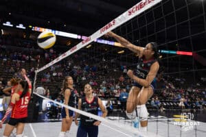 Omaha Supernovas Kayla Caffey (28) spikes the ball warming up for Columbus during a professional volleyball match Friday, April 25, 2025 in Omaha, Nebraska. Photo by John S. Peterson.